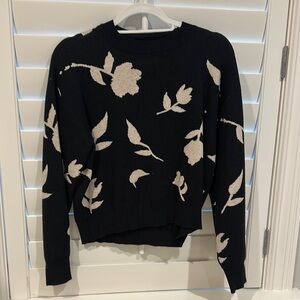 Knot Sisters Black and Cream Crew Neck Sweater with Floral Design